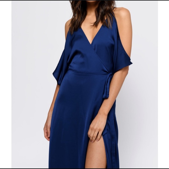 Blue Satin, Tie Back, Open Shoulder, Maxi Dress. [NWoT] - Picture 3 of 4